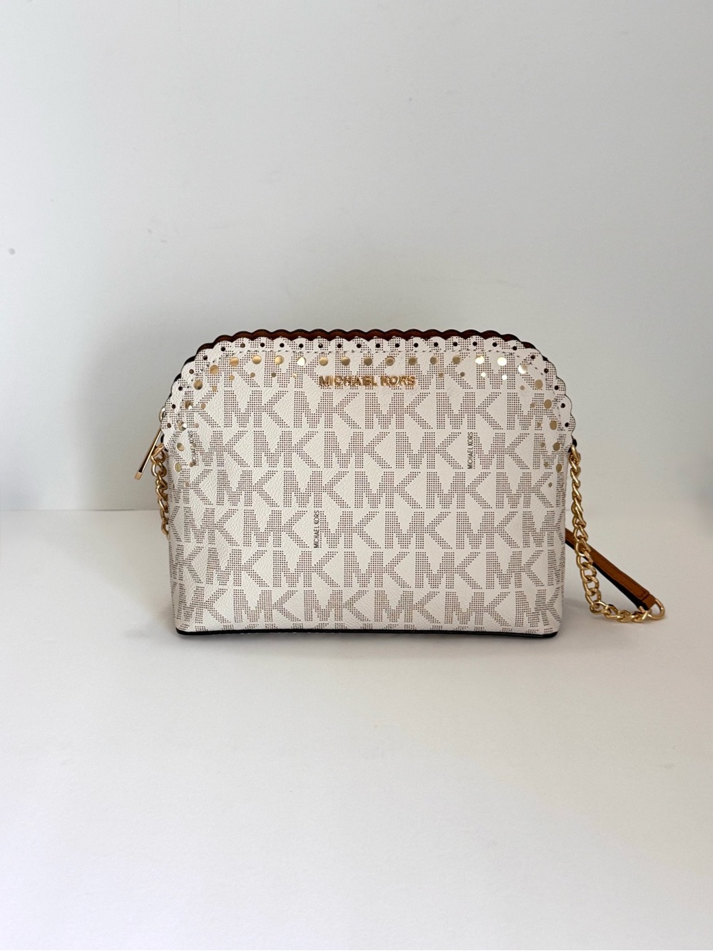 Michael Kors White and Tan Signature MK Crossbody with Gold Hardware